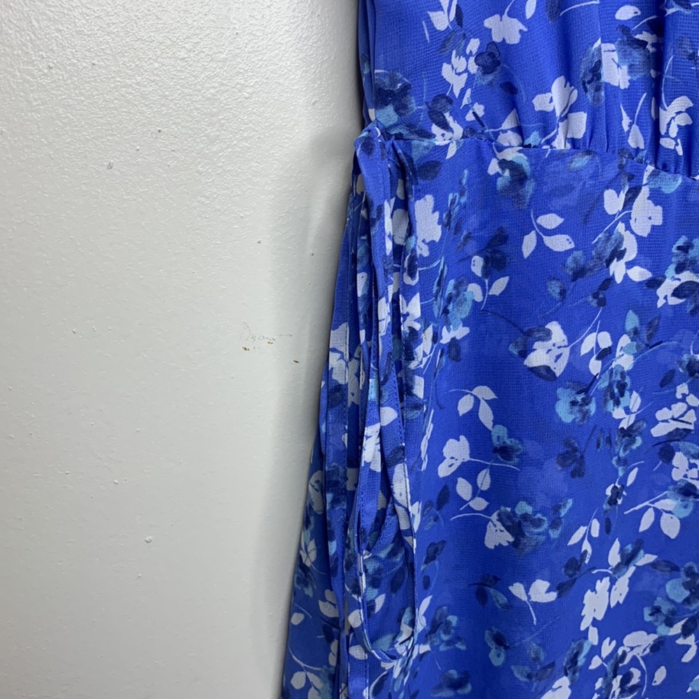INC Midi Dress Blue Floral Faux Wrap Ruffle Detail V-Neck Sleeveless Romantic - Picture 5 of 10